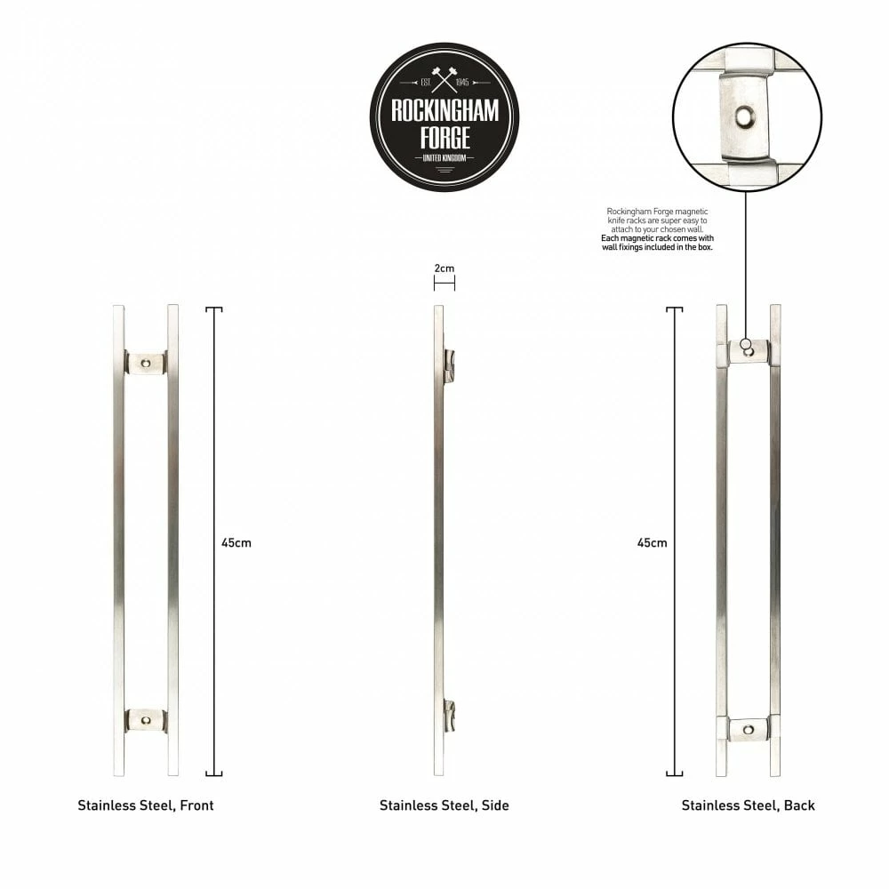 Rockingham Forge 18" Magnetic Stainless Steel Knife Rack With 6 Utensil Hooks And Wall Fixings 6 Rockingham Forge 18" Magnetic Stainless Steel Knife Rack With 6 Utensil Hooks And Wall Fixings - Image 4