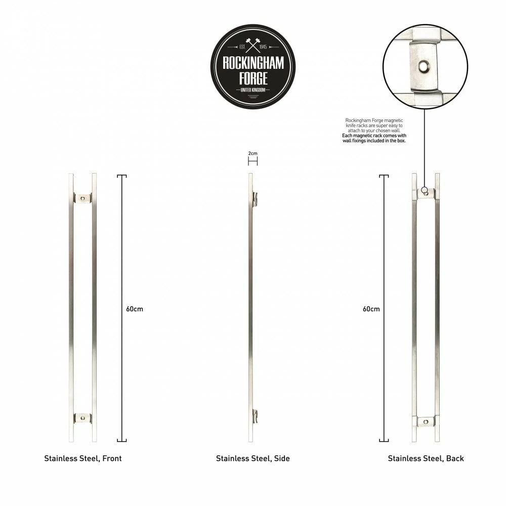 Rockingham Forge 60cm Magnetic Stainless Steel Knife Rack With 6 Utensil Hooks And Wall Fixings 7 Rockingham Forge 60cm Magnetic Stainless Steel Knife Rack With 6 Utensil Hooks And Wall Fixings - Image 5